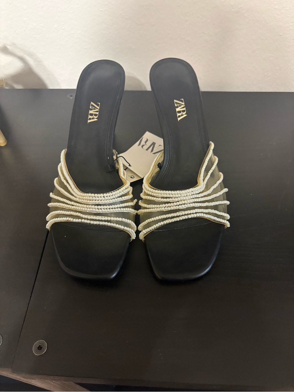 Zara Black Mules with Gold Beaded Straps Size 10/41
